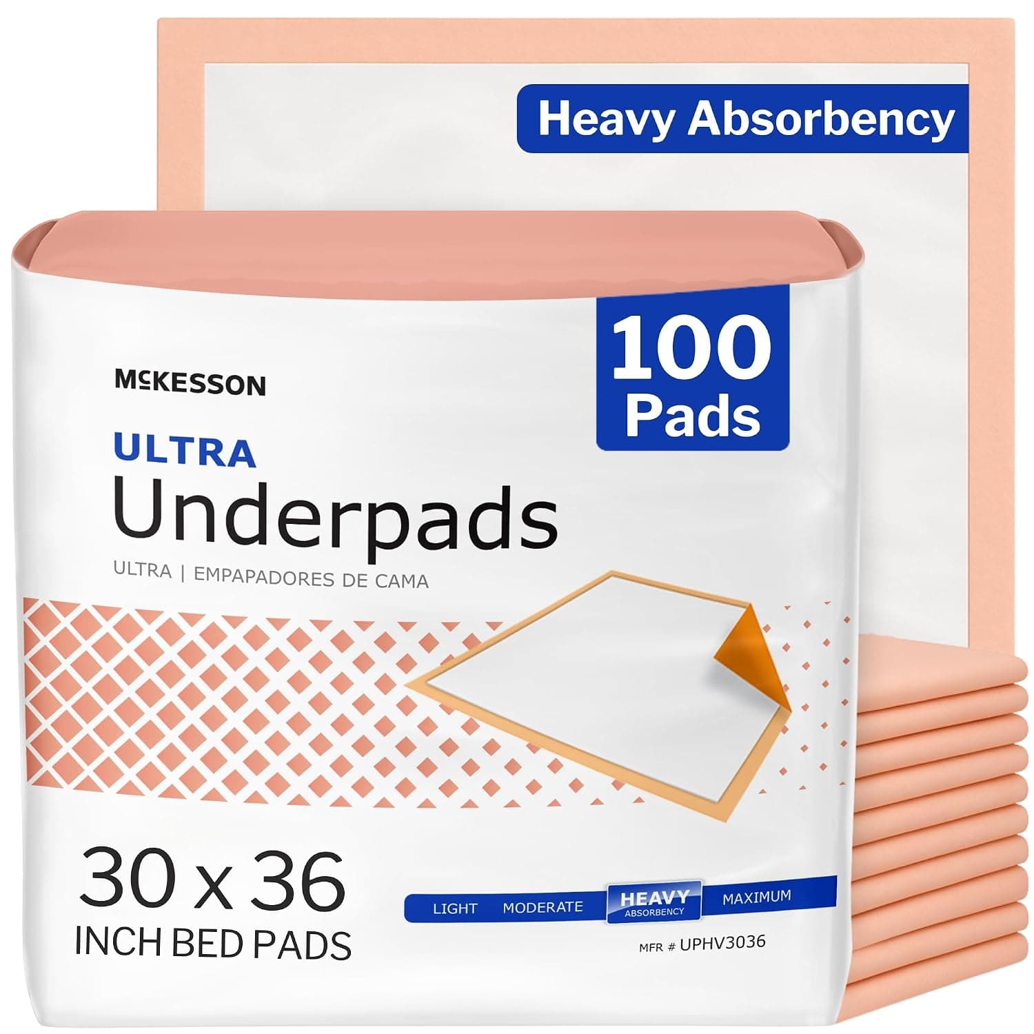 McKesson Underpads Bed Pads, Heavy Absorbency, Peach, 30 x 36 in, 100 ct