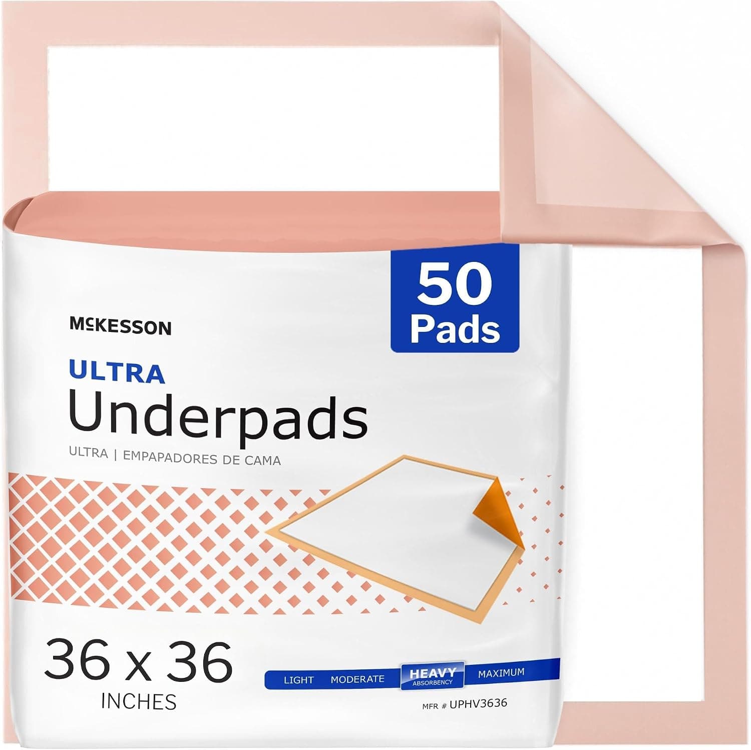 McKesson Underpads Bed Pads, Heavy Absorbency, Peach, 36 x 36 in, 50 ct