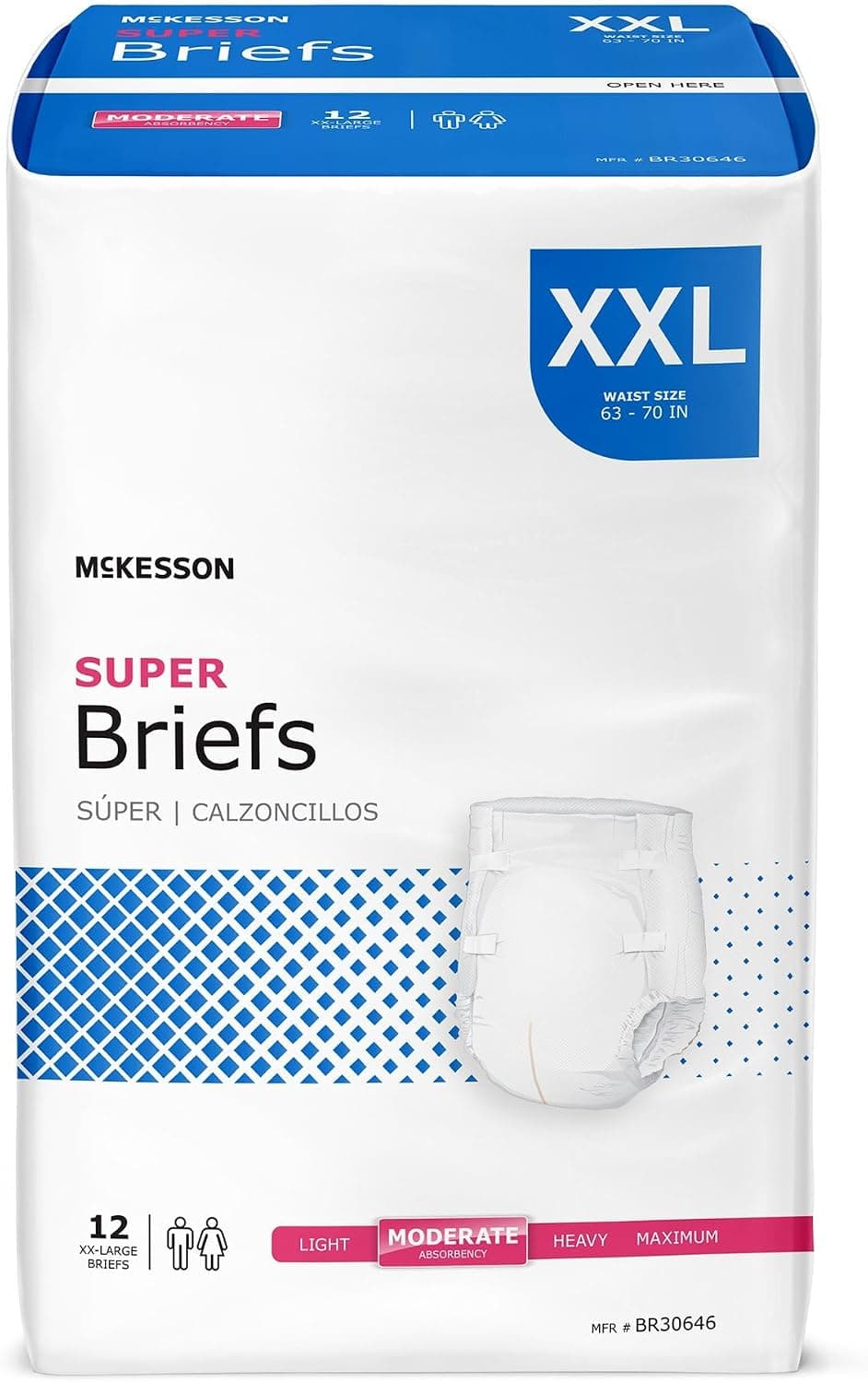 McKesson Super Briefs, XXL, Moderate Absorbency, Unisex, 70 in, 48 ct