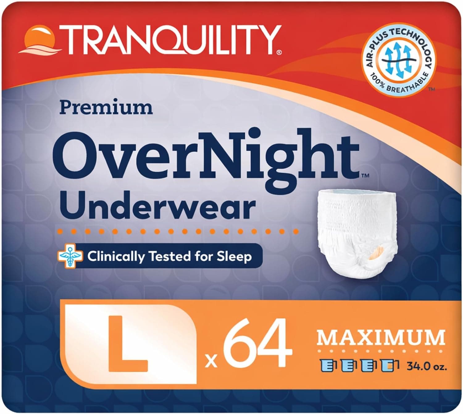 Tranquility Premium OverNight Disposable Underwear, Large, 64 Count