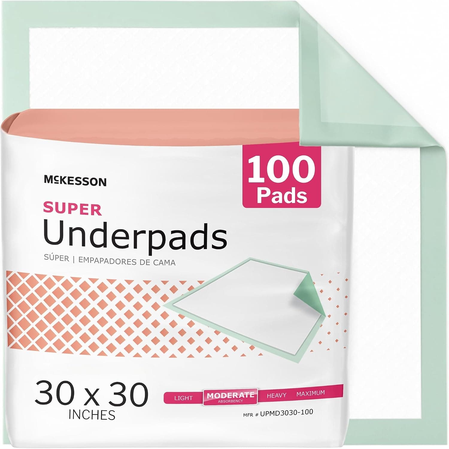 McKesson Super Underpads, Moderate Absorbency, Green, 30 x 30 in, 100 ct