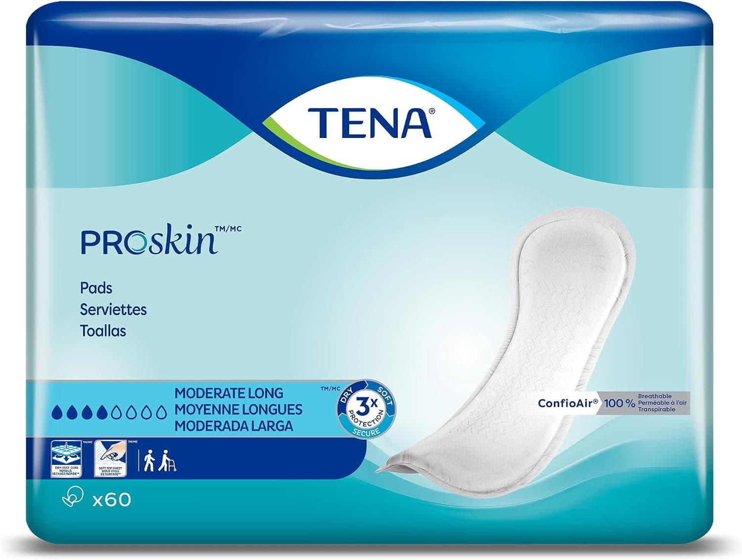 TENA ProSkin Moderate Long Absorbent Pads for Women, Long Length, 60 count