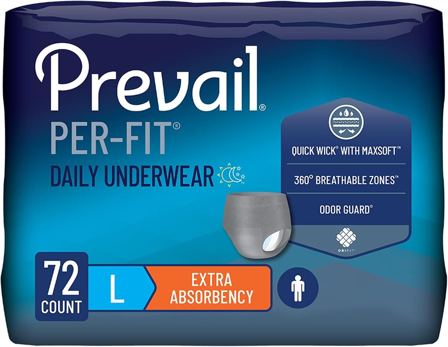 Prevail Per-Fit for Men Extra Absorbency Incontinence Underwear, Large, 72 Count