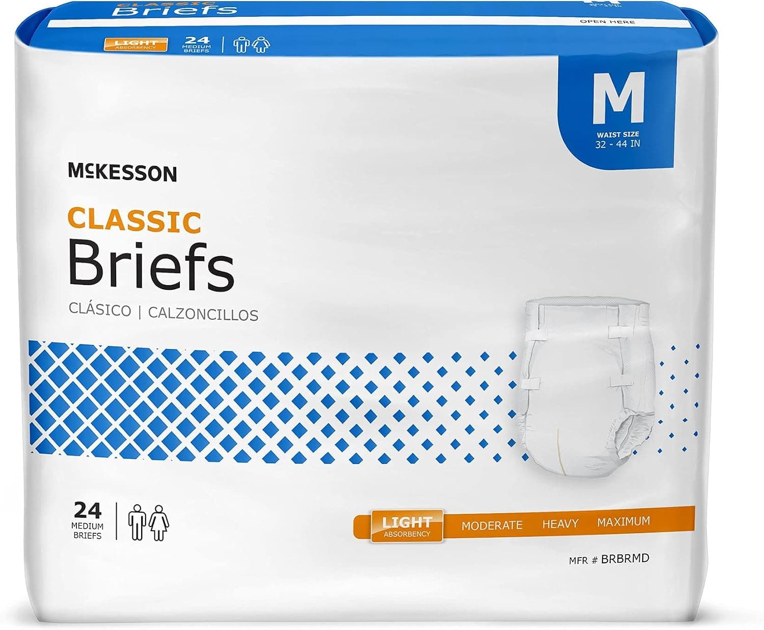 McKesson Classic Briefs, Medium, Light Absorbency, Unisex, 44 in, 96 ct
