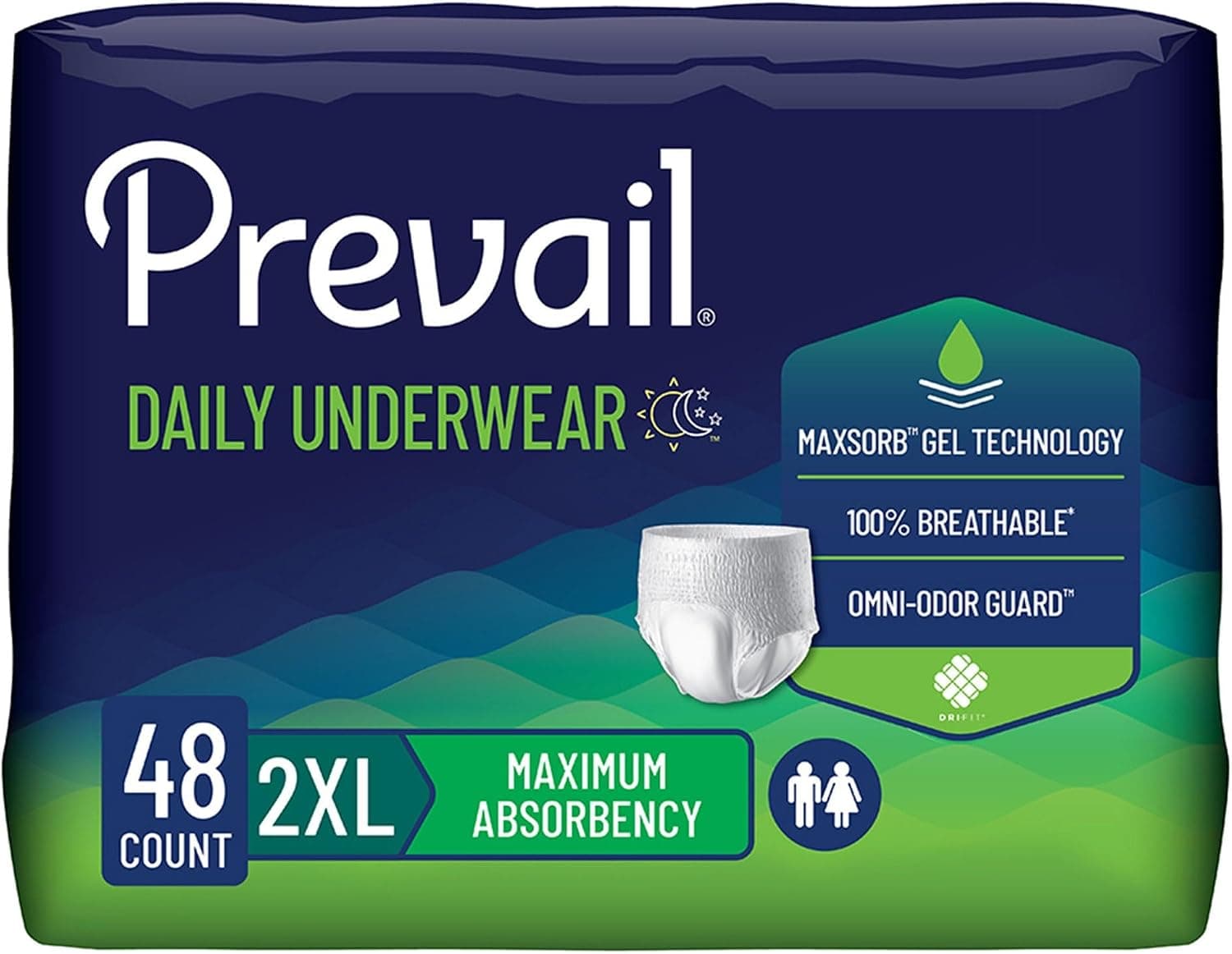 Prevail Adult Incontinence Underwear for Men & Women, Maximum Absorbency, XX-Large, 48 Count