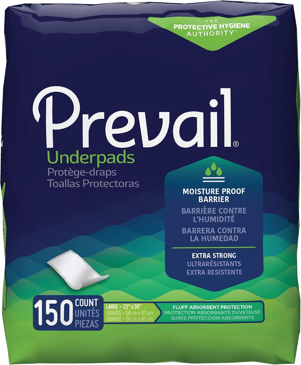 Prevail Incontinence Underpads, Fluff Absorbent, Large 23" X 36", 150 Count (10 Packs of 15)