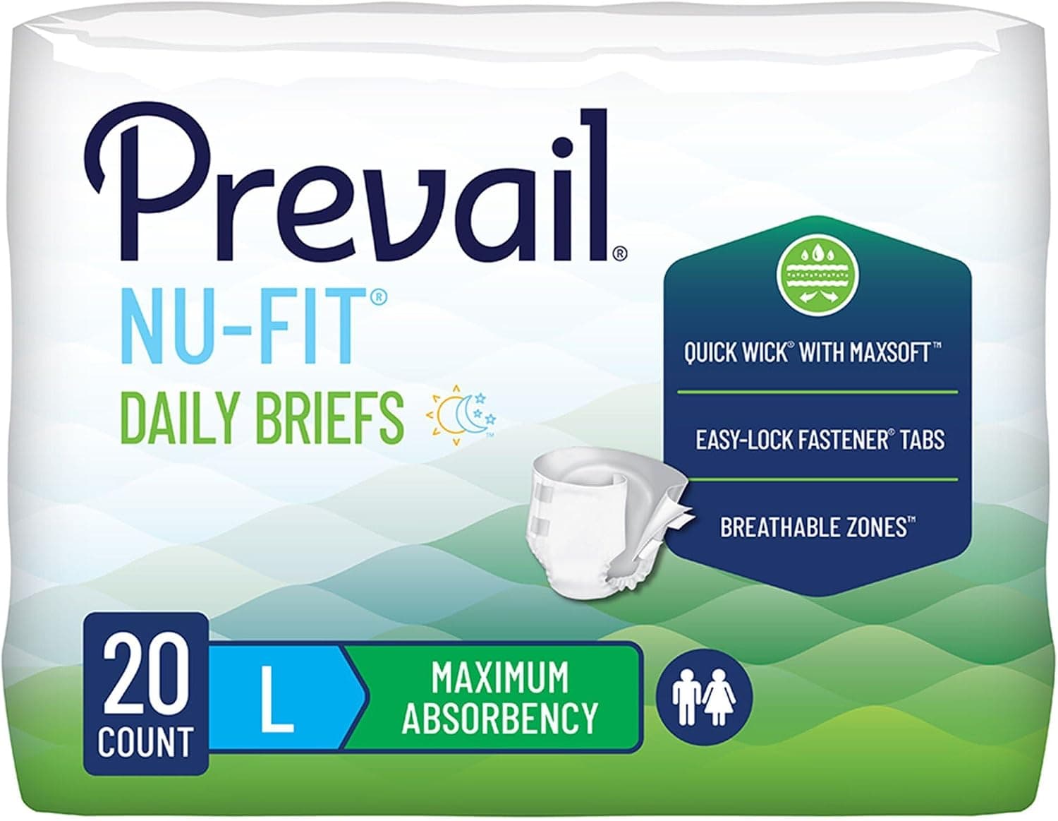 Prevail Nu-Fit Adult Incontinence Brief L Heavy Absorbency Breathable, NU-013/2, 56, 80 Ct