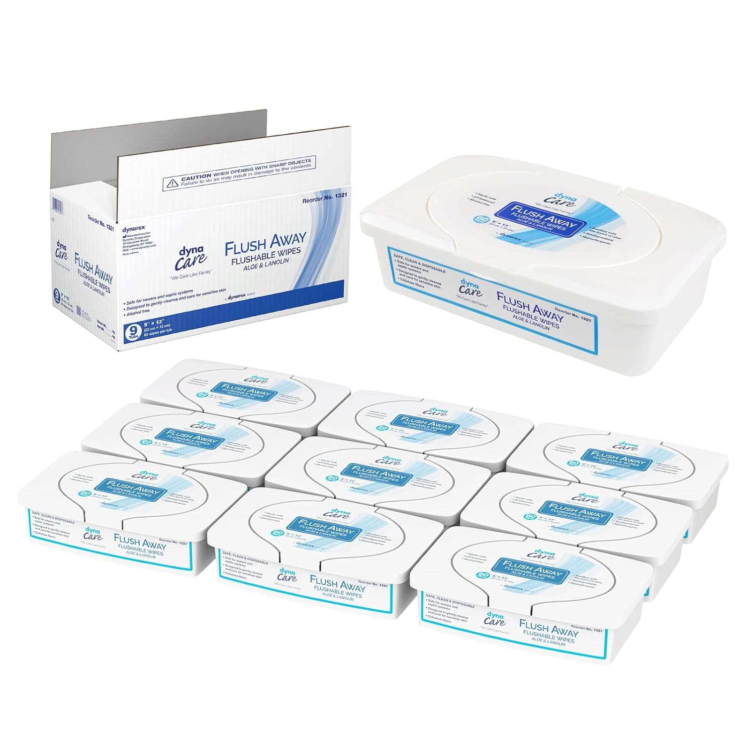 Dynarex DynaCare Flushable Wipes, Wet Bathroom Hygiene Wipes for Adults, Alcohol Free, Safe for Sewers and Septic Systems, 9” x 13” wipes, 1 Case, 9 Tubs of 60 Wipes (Packaging May Vary)