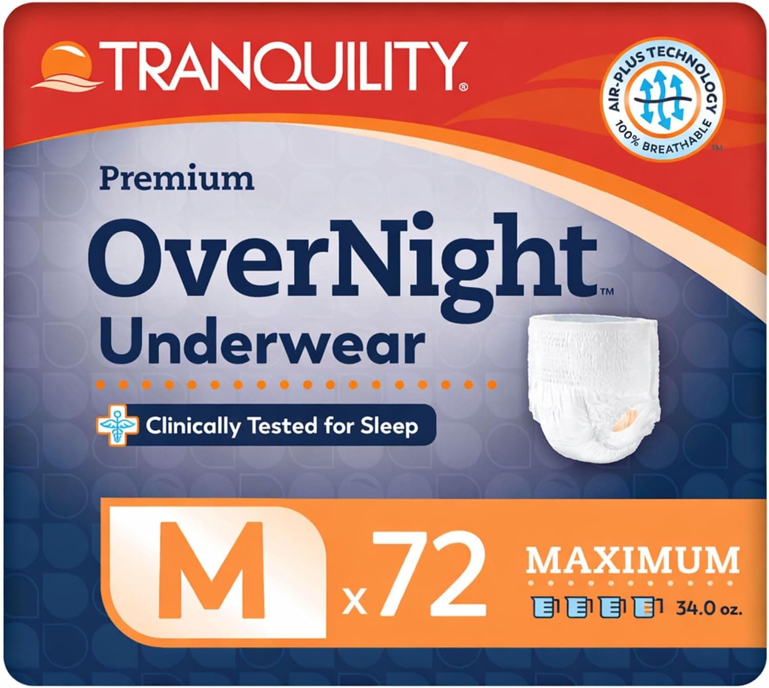 Tranquility OverNight Absorbent Underwear, M, Maximum, 48 in, 72 ct
