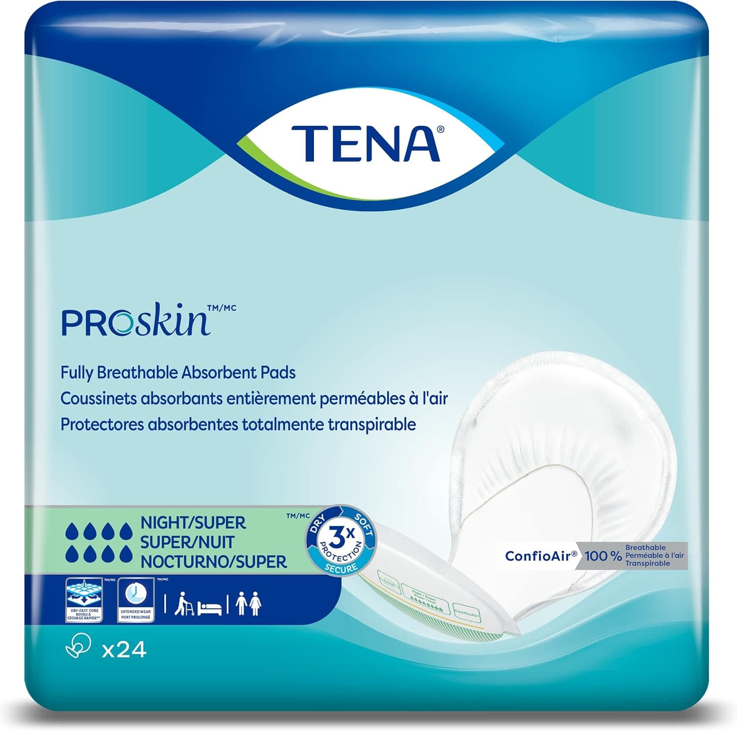 TENA ProSkin Night Super Absorbent Pads, Heavy Absorbency, Unisex, 24 count
