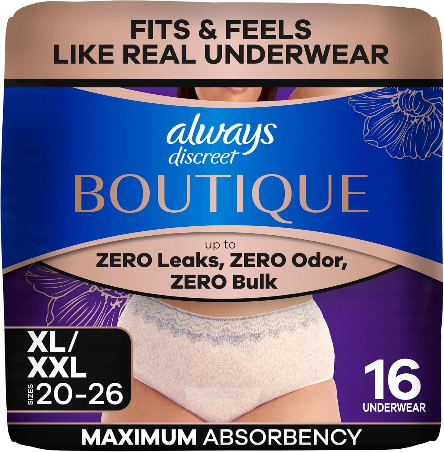 Always Discreet Boutique Black, Reimagined Adult Diapers for Women, Maximum Absorbency Incontinence and Postpartum Underwear Size XL/XXL, Fits and Feels Like Real Underwear, 16 Count​