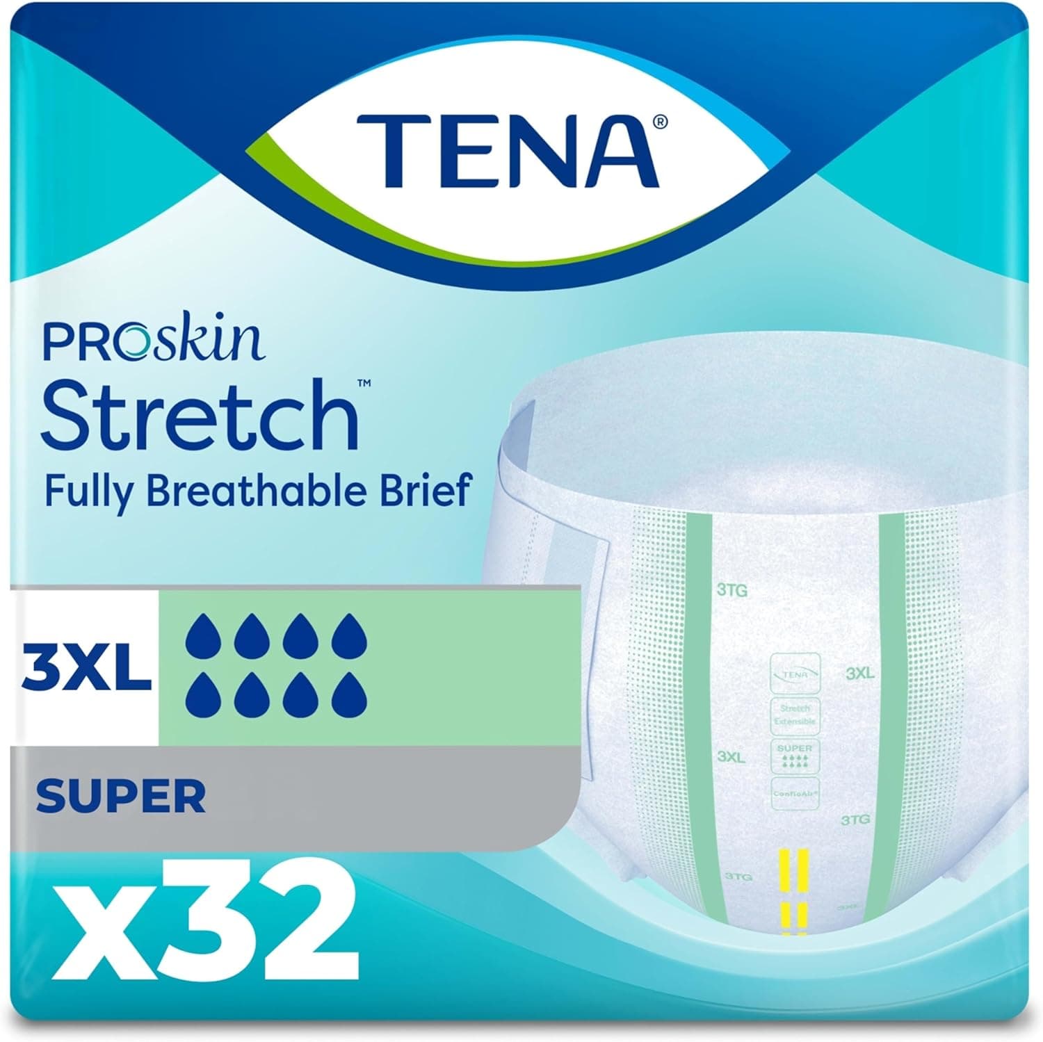 TENA ProSkin Unisex Stretch Plus Briefs, Adult Diapers with Tabs, Maximum Absorbency, Incontinence and Bladder leaks Control, 3XLarge, 32 Count