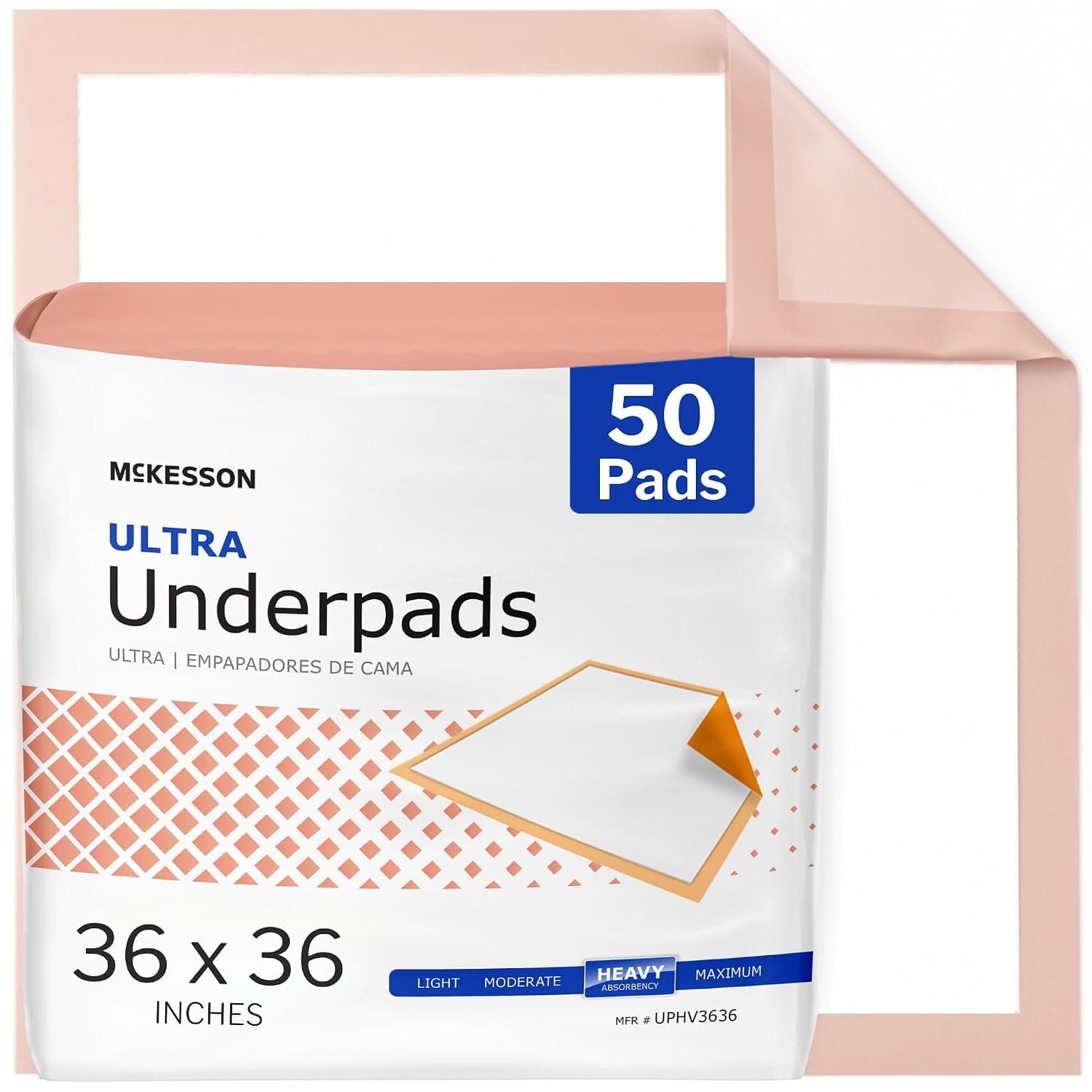 McKesson Underpads Bed Pads, Heavy Absorbency, Peach, 36 x 36 in, 50 ct