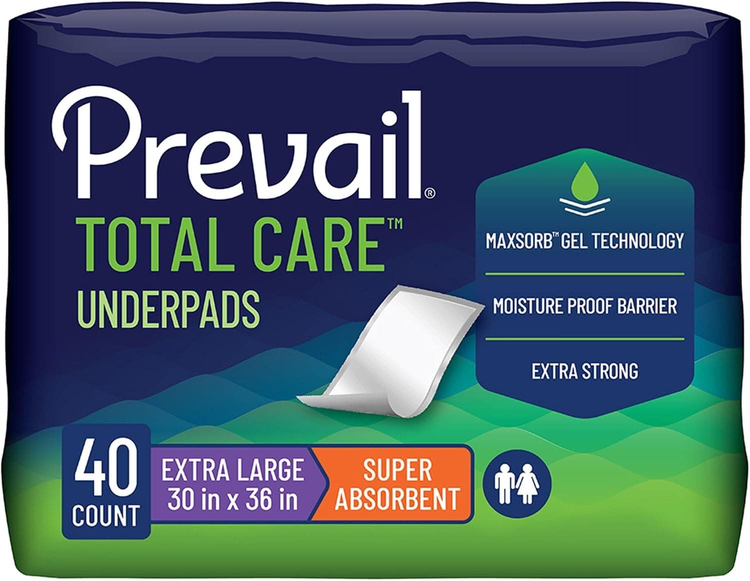 Prevail Total Care Underpads, Super Absorbent 30" x 36" Bed Pads, 40 Count