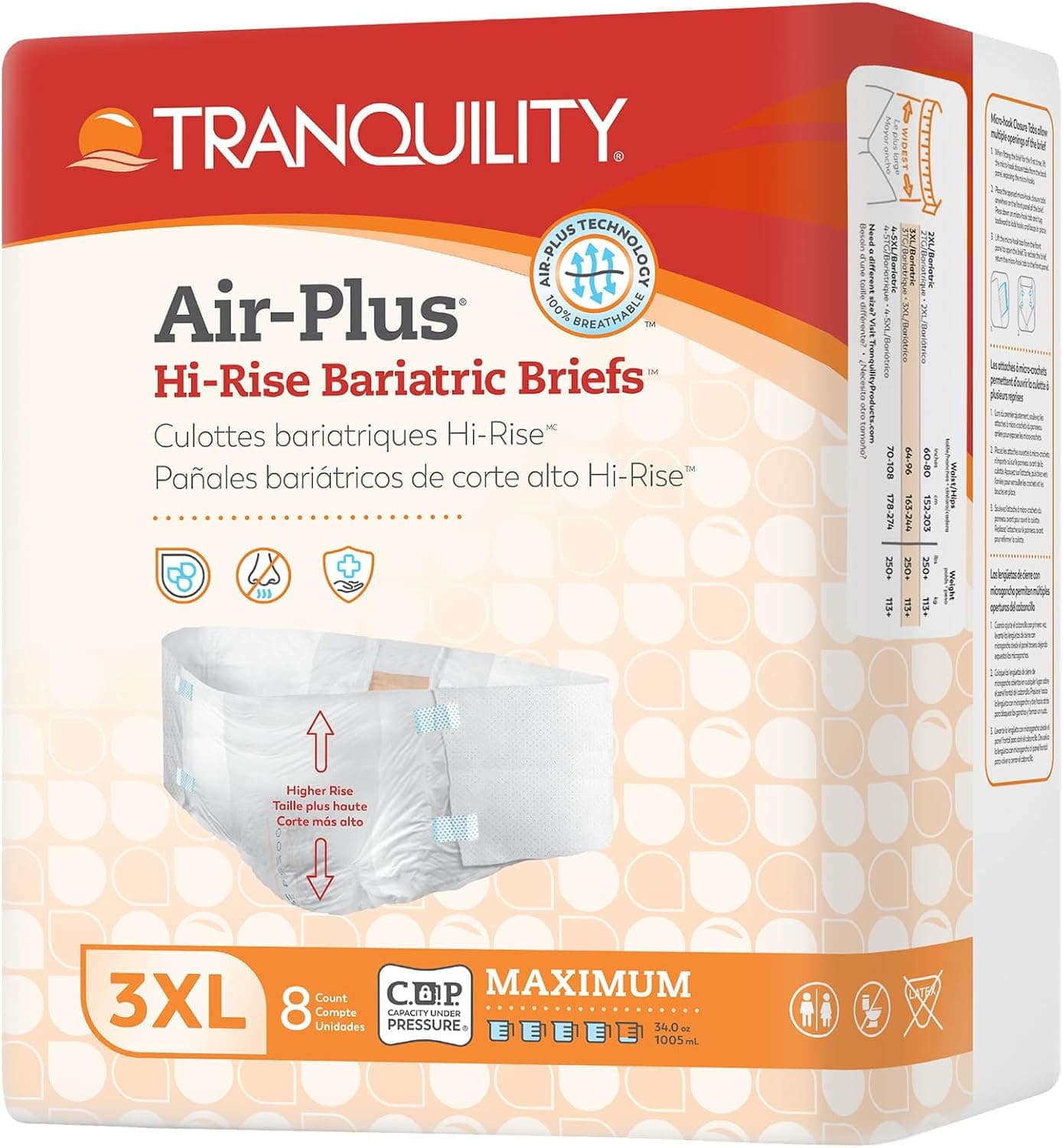 Tranquility AIR-Plus Bariatric HI-Rise Adult Diapers, 3XL, 32 Ct Case