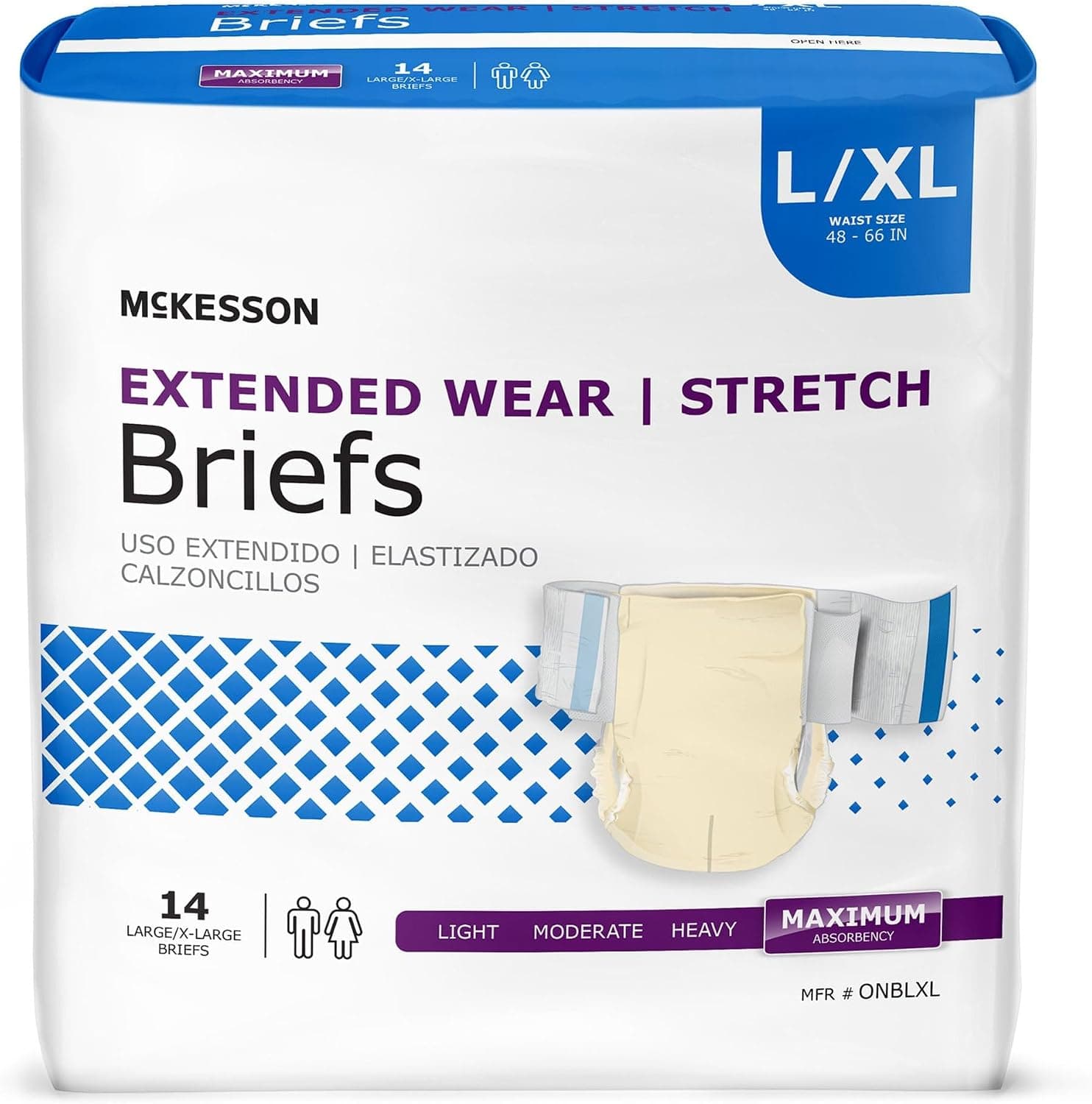 McKesson Extended Wear Stretch Briefs, L/XL 48, Large, 66 in, 56 ct