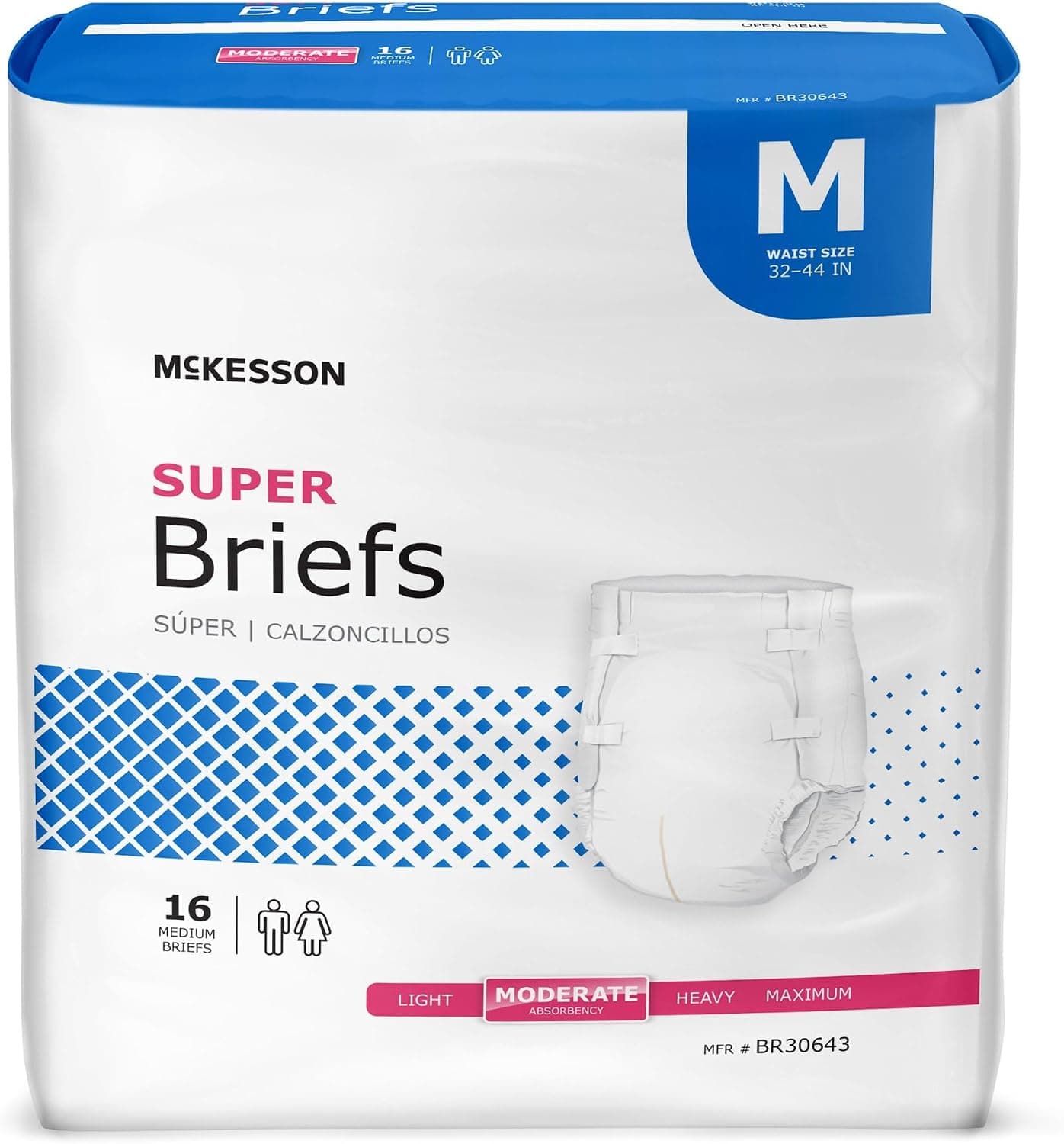 McKesson Super Briefs, Moderate Absorbency, Medium, Unisex, 44 in, 96 ct