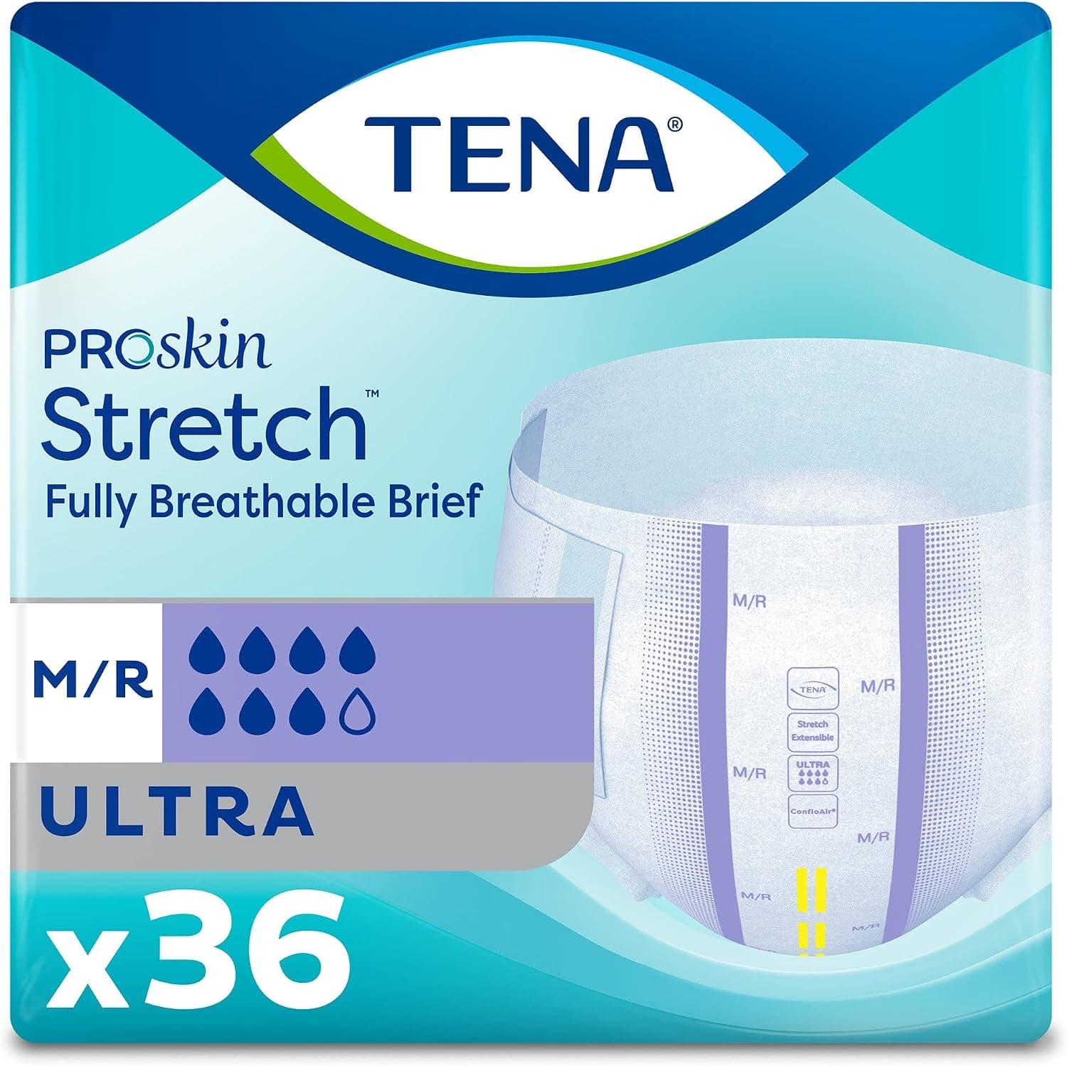 TENA Stretch Ultra Disposable Incontinence Briefs, 36 Count (Pack of 2), Unisex, 33 to 52 in Waist/Hip, Made with ConfioAir Breathable Technology
