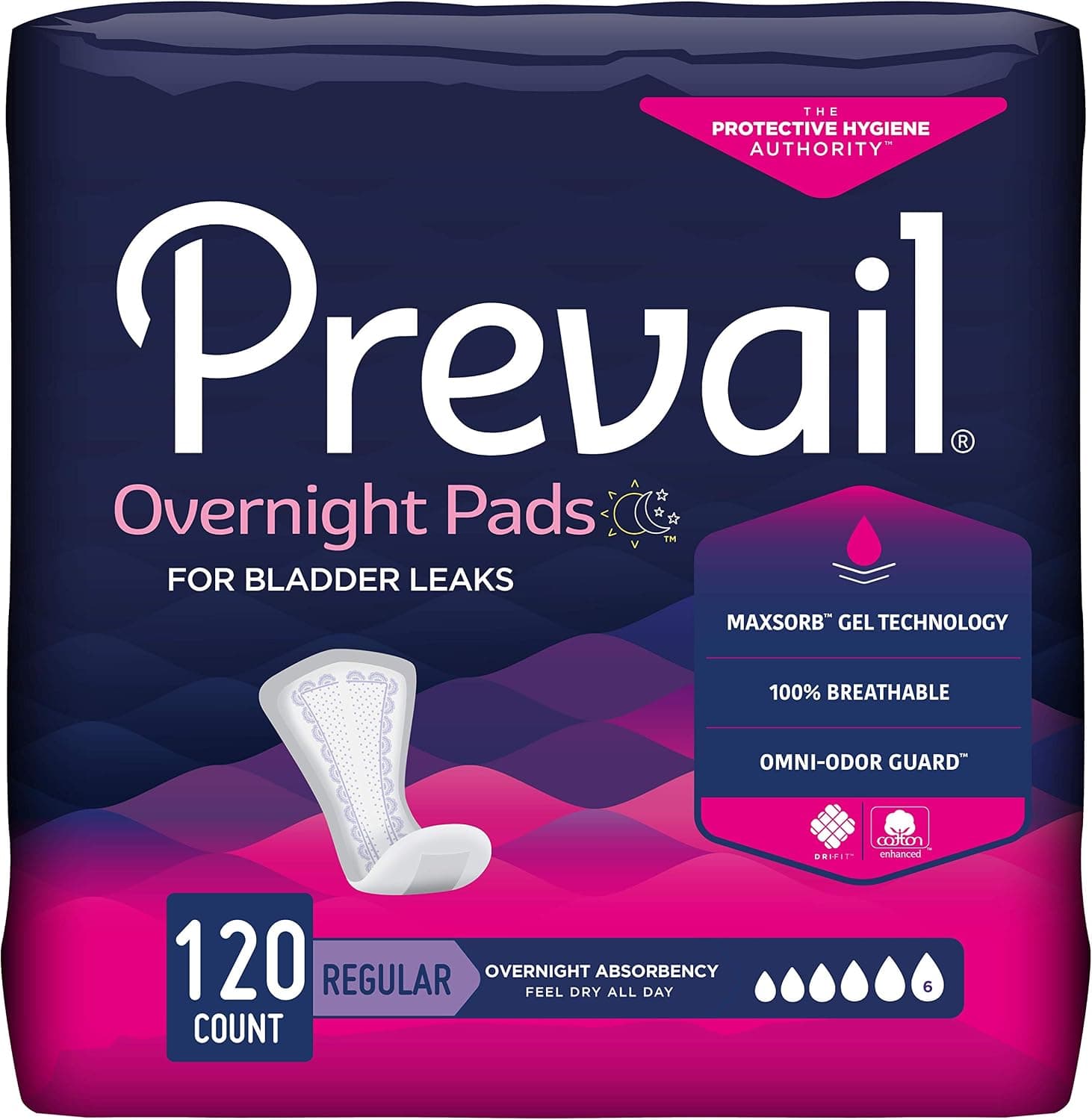 Prevail Overnight Pads for Bladder Leaks, Incont., Regular, 16 in, 120 ct