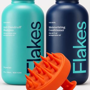 Flakes Anti Dandruff Shampoo and Conditioner Set for Men with Scalp Massager | Dry, Flaky, & Itchy Scalp Shampoo | Sulfate and Paraben Free | Hydrating Shampoo & Moisturizing Conditioner | 9 fl oz