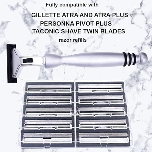 Taconic All‑Metal Heavyweight Chrome Razor – Gillette® Atra-Compatible Twin Blade Handle with 10 Pivot Plus Personna Blades, Ergonomic Grip, Durable Design - Image 4