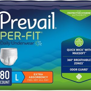 Prevail Per-Fit Daily Protective Underwear, Unisex Adult Disposable Diaper for Men& Women, Extra Absorbency, Large, 44""-58"" Waist, 80 Count Case, White