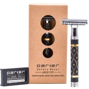Parker 65R Super Heavyweight Double‑Edge Safety Razor – Sandstone‑Textured Brass Handle for Precise Grip & Control, 4" Long Handle – Includes 5 Premium DE Blades